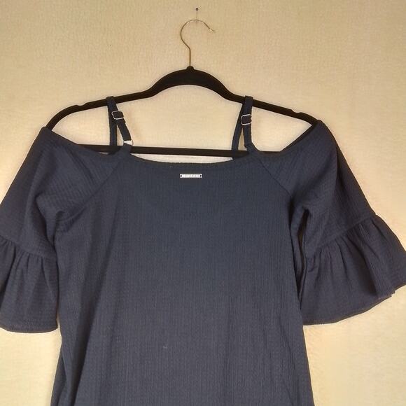 Michael Kors Womens Blouse Blue XS Boho Short Sleeve Cold Shoulder Ruffle‎ Navy - Picture 8 of 14